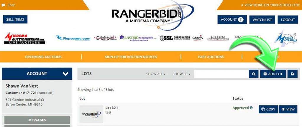 Ranger Bid Add lot online